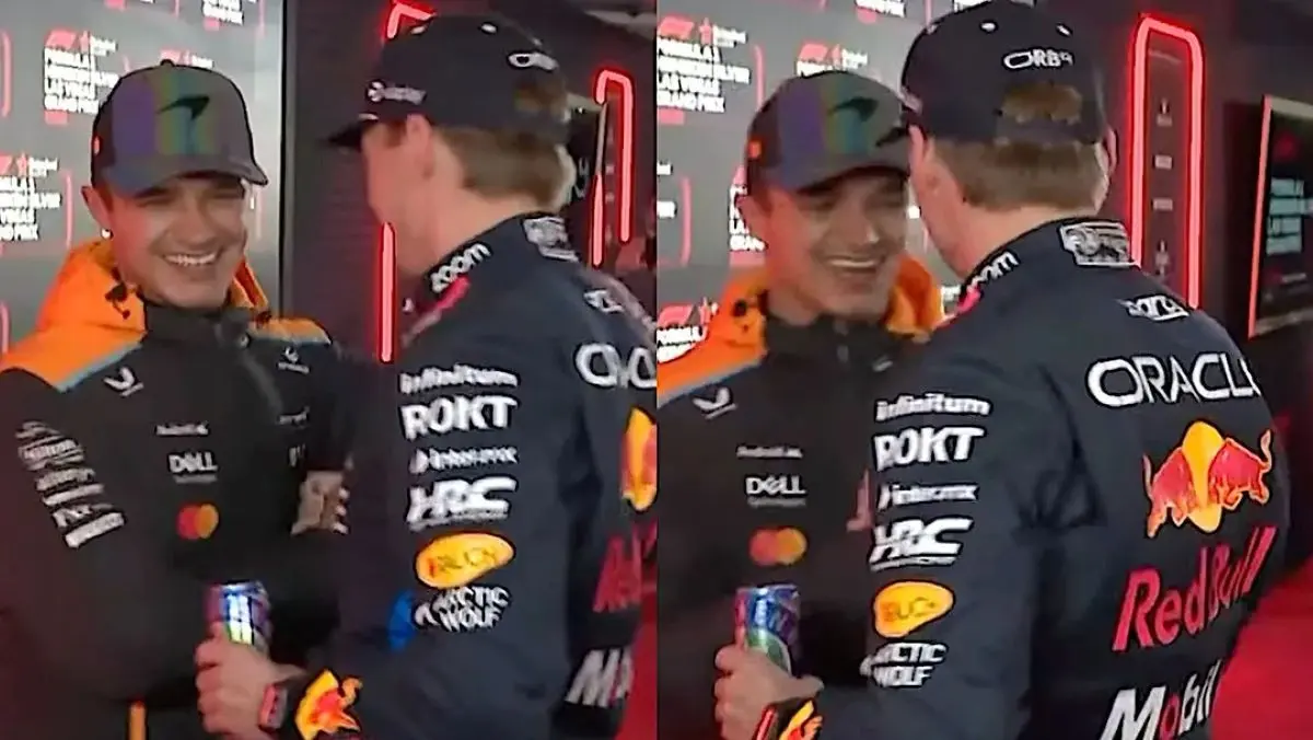 Lando Norris flyver ind i armene på Max Verstappen