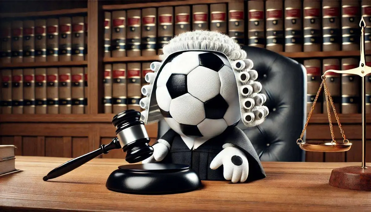 dalle 2025 03 11 203309 a classic black and white soccer ball acting as a judge in a courtroom the soccer ball is wearing a traditional judges wig and holding a judges gav