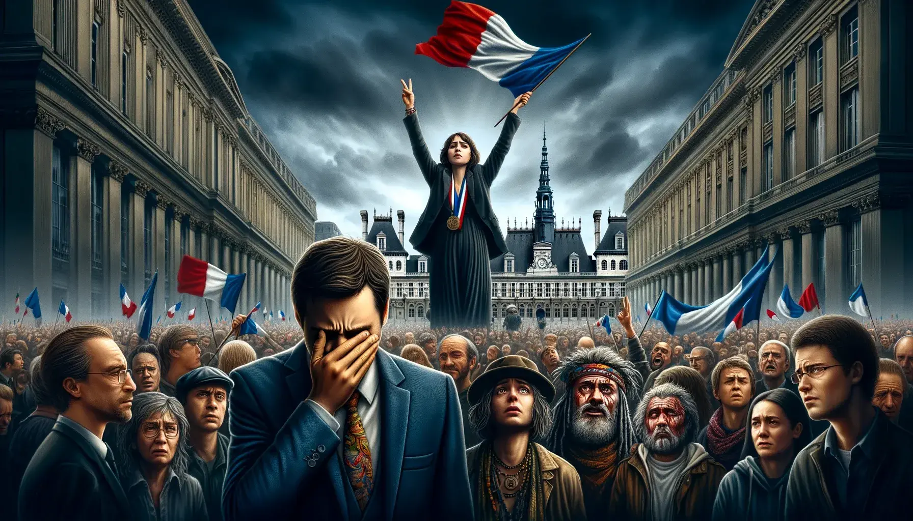 dalle 2024 06 10 163514 a dramatic political scene featuring a defeated politician with his hand covering part of his face standing in front of a government building behind