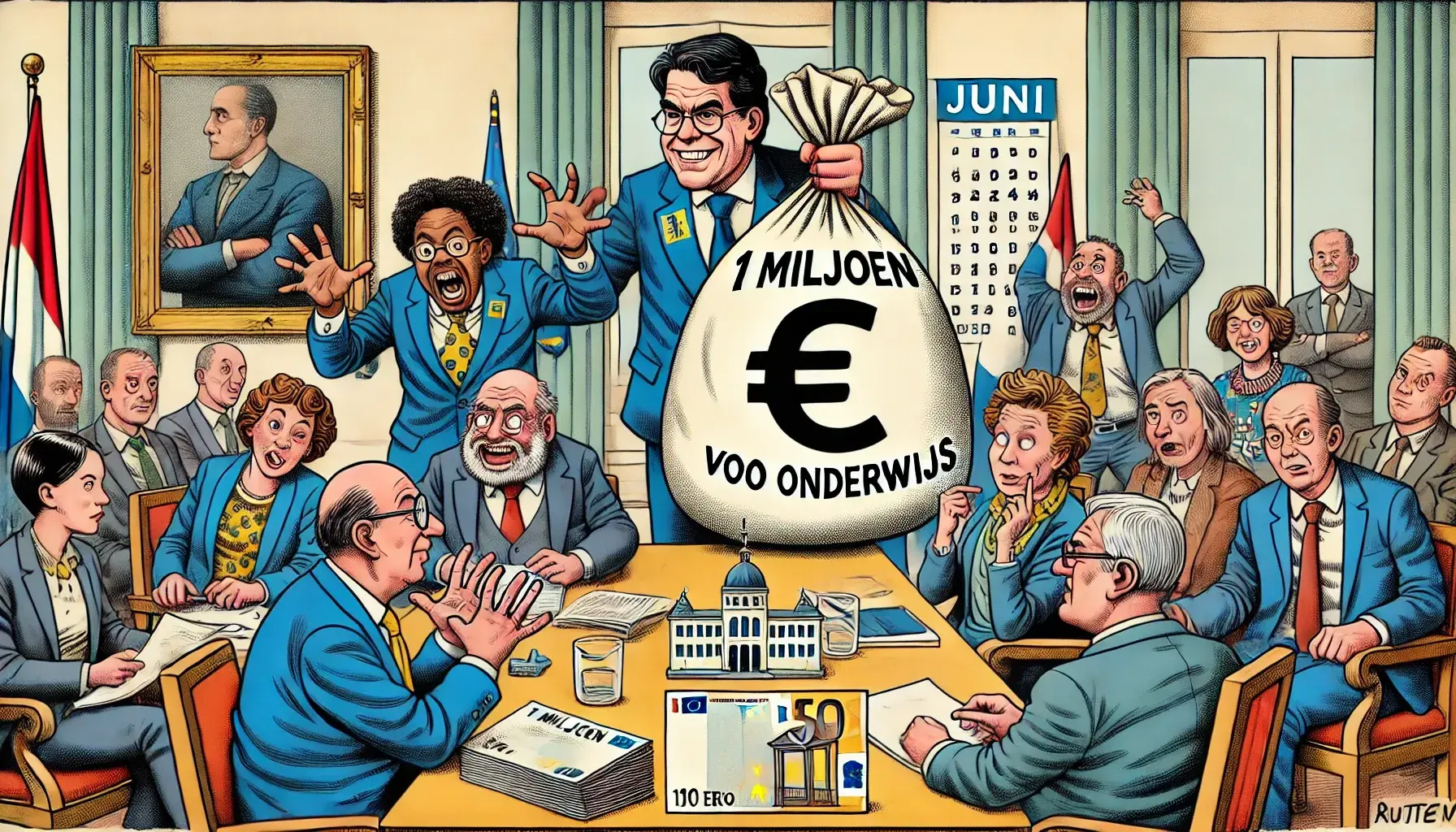 dalle 2024 06 25 162252 a political cartoon style image depicting the demissionary cabinet of rutte iv in a meeting room hurriedly handing over a large bag of money labeled