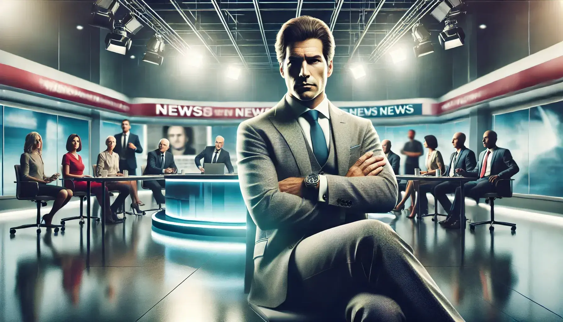 dalle 2024 10 29 135536 an intense dramatic 16 9 image of a television studio scene with a well dressed smug looking man representing a controversial journalist seated in a