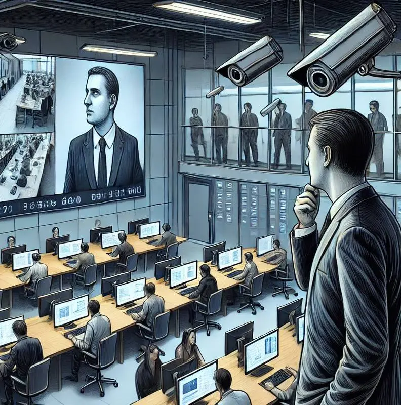dalle 2025 01 15 095107 an illustration of a workplace scene where a manager observes employees through advanced surveillance systems the setting includes visible security c