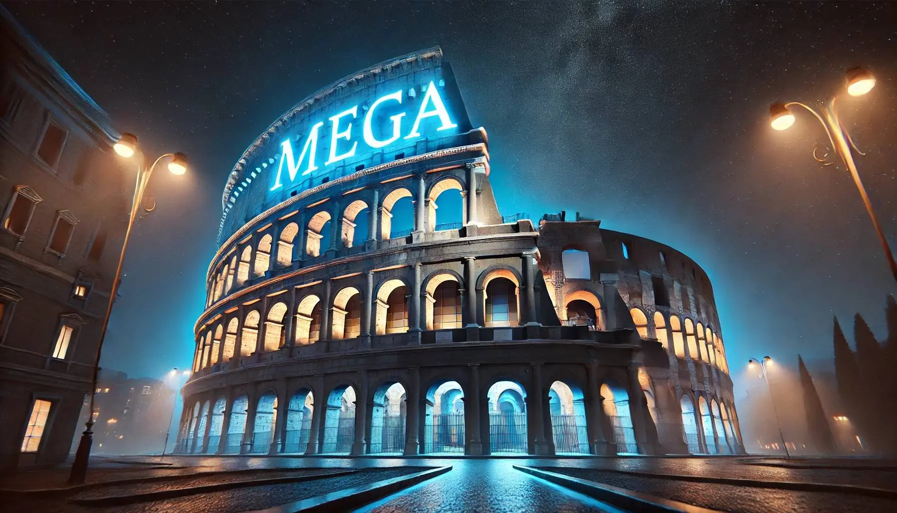 dalle 2025 01 18 210924 a highly realistic nighttime view of the colosseum in rome italy illuminated by vibrant blue lights that precisely highlight its arches and intricatjpg
