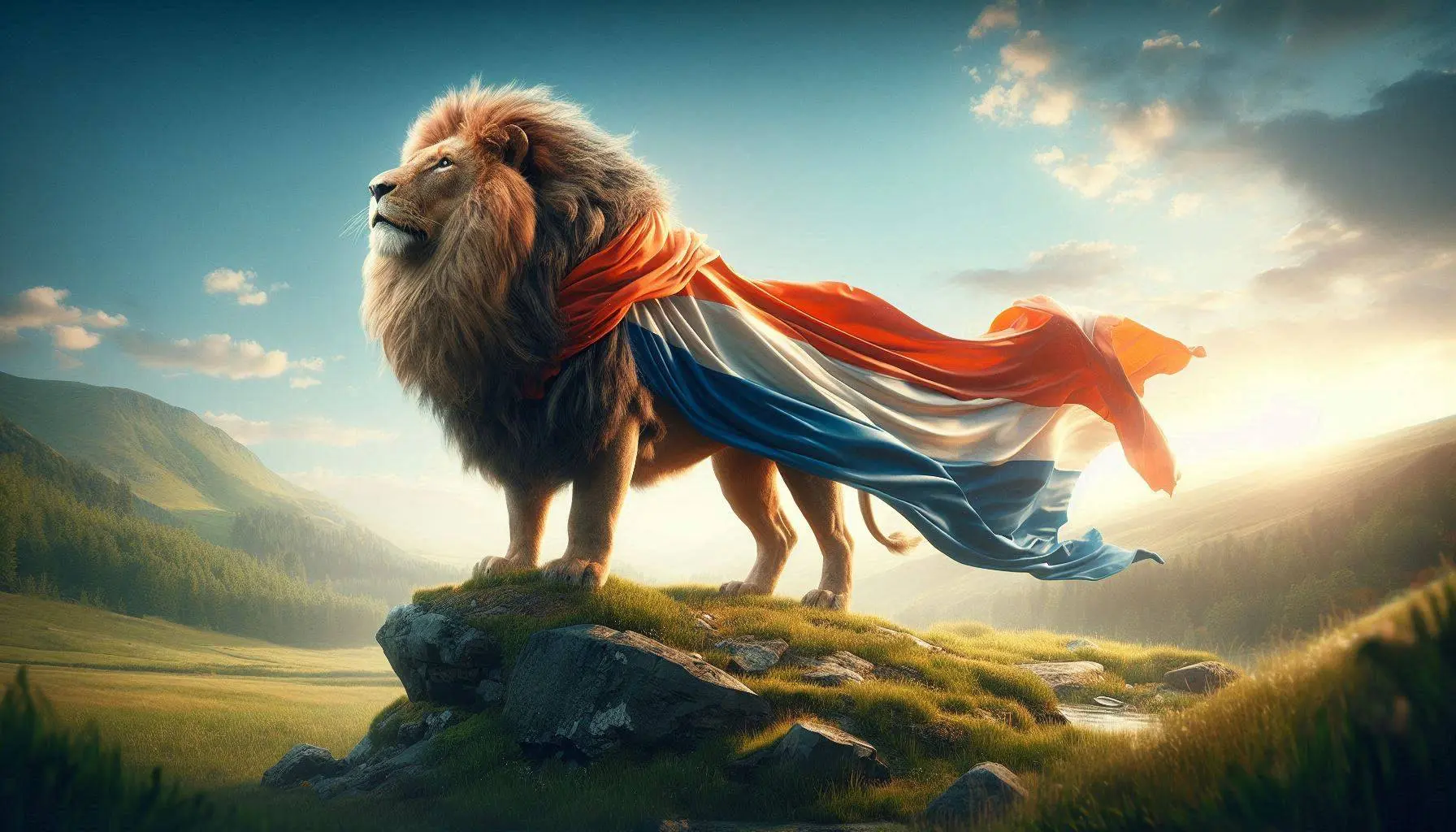 an image of a proud lion draped in a Dutch flag