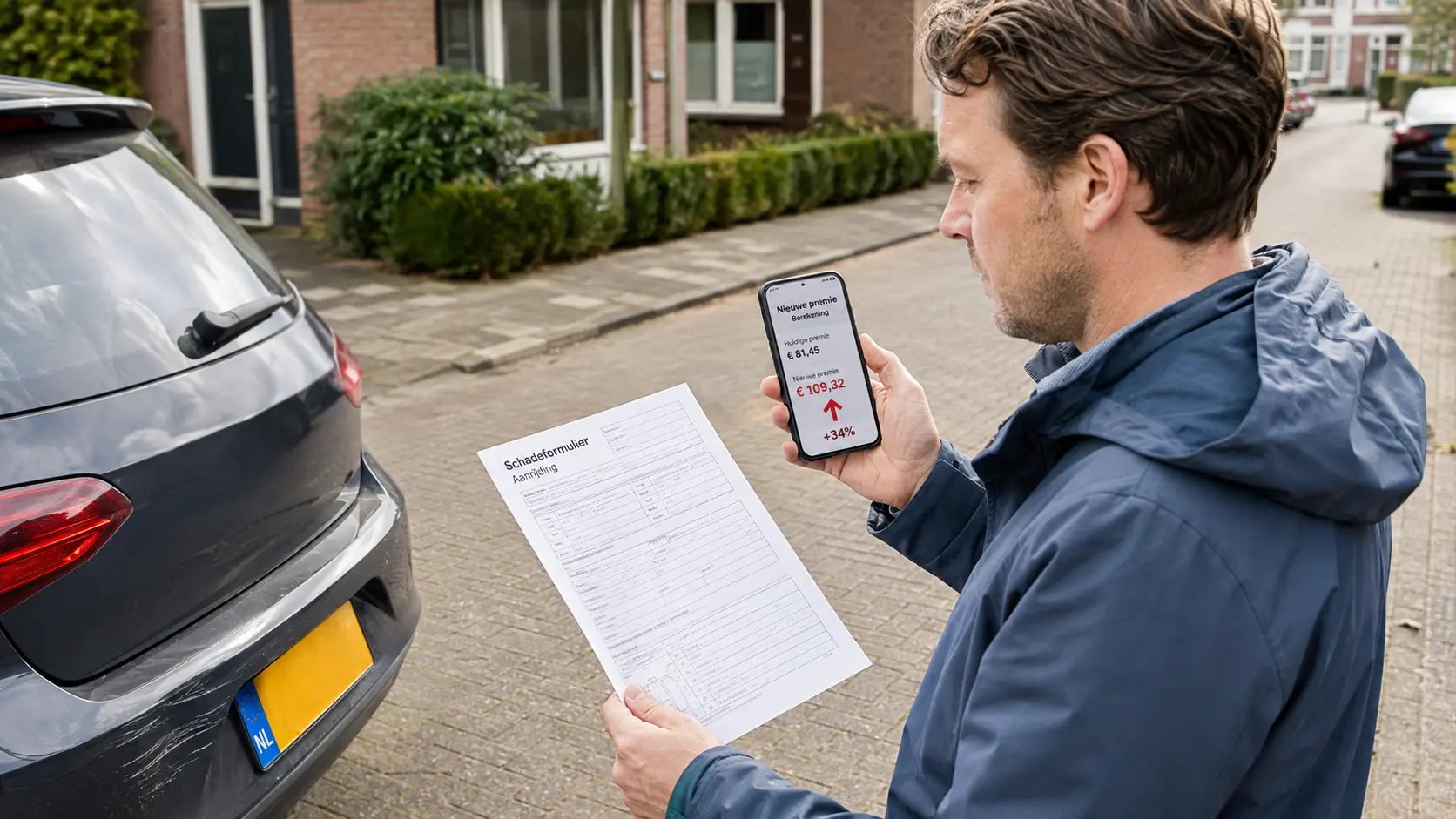 Een automobilist berekent of hij een kleine autoschade beter kan claimen of zelf betalen