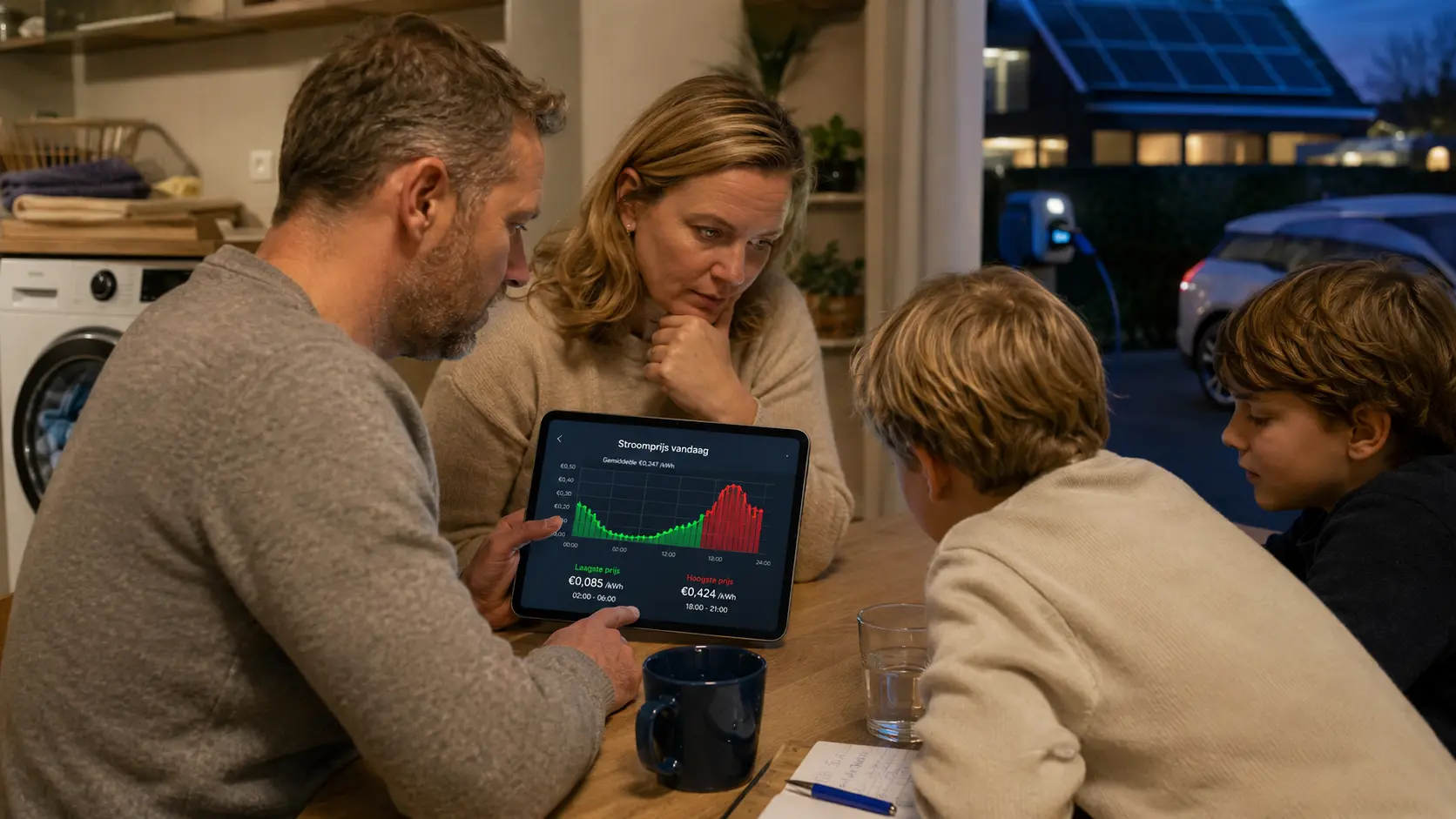 Een huishouden bekijkt de wisselende stroomprijzen van een dynamisch energiecontract