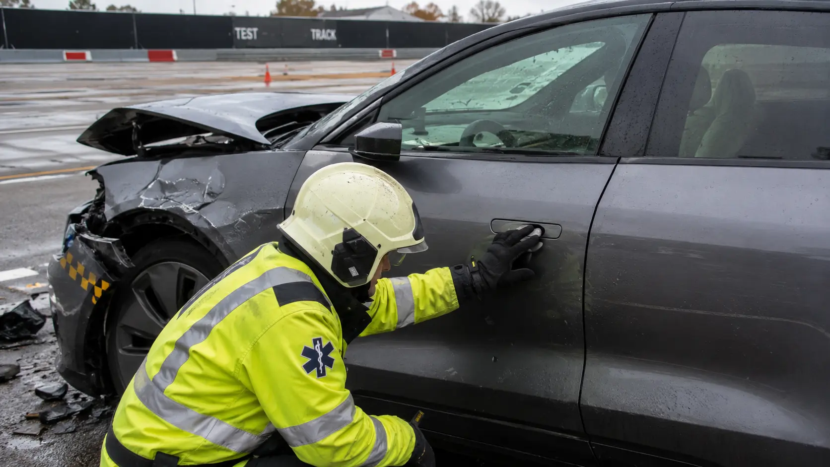 Een hulpverlener probeert na een botsing de verzonken elektronische deurgreep van een moderne elektrische auto te openen