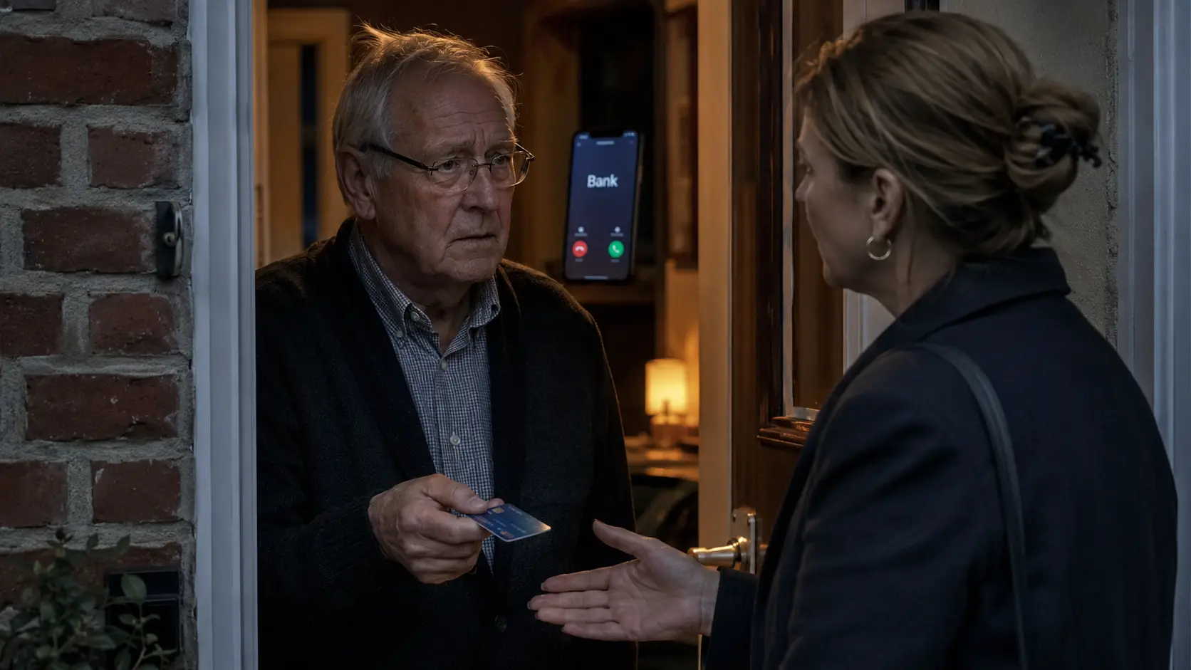 Een nepbankmedewerker probeert aan de deur de bankpas van een oudere man mee te nemen