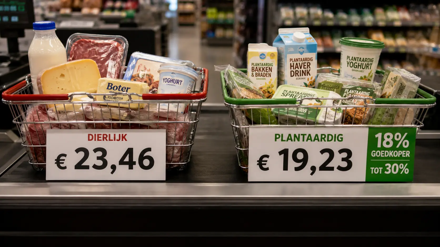 Een plantaardig basisboodschappenmandje was in onderzoek gemiddeld 18 procent goedkoper dan het dierlijke alternatief