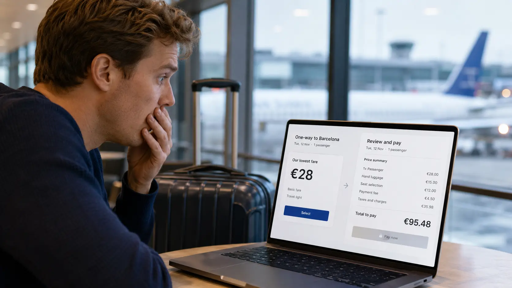Een reiziger vergelijkt een geadverteerd vliegticket van €28 met een werkelijke prijs van bijna €100