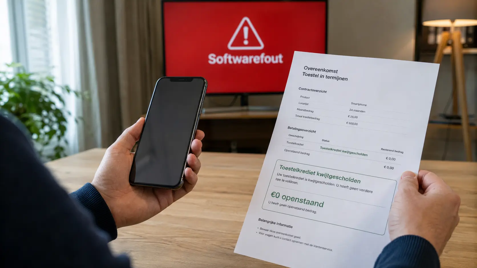 Een smartphone naast een kwijtgescholden toestelkrediet na een softwarefout bij Vodafone Financial Services