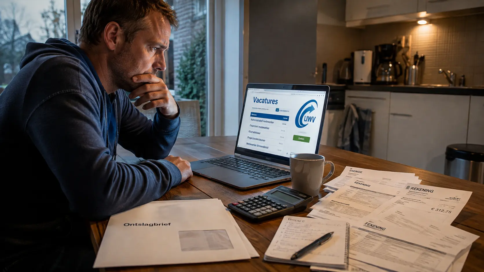 Een werkzoekende bekijkt vacatures en zijn financiële administratie aan de keukentafel