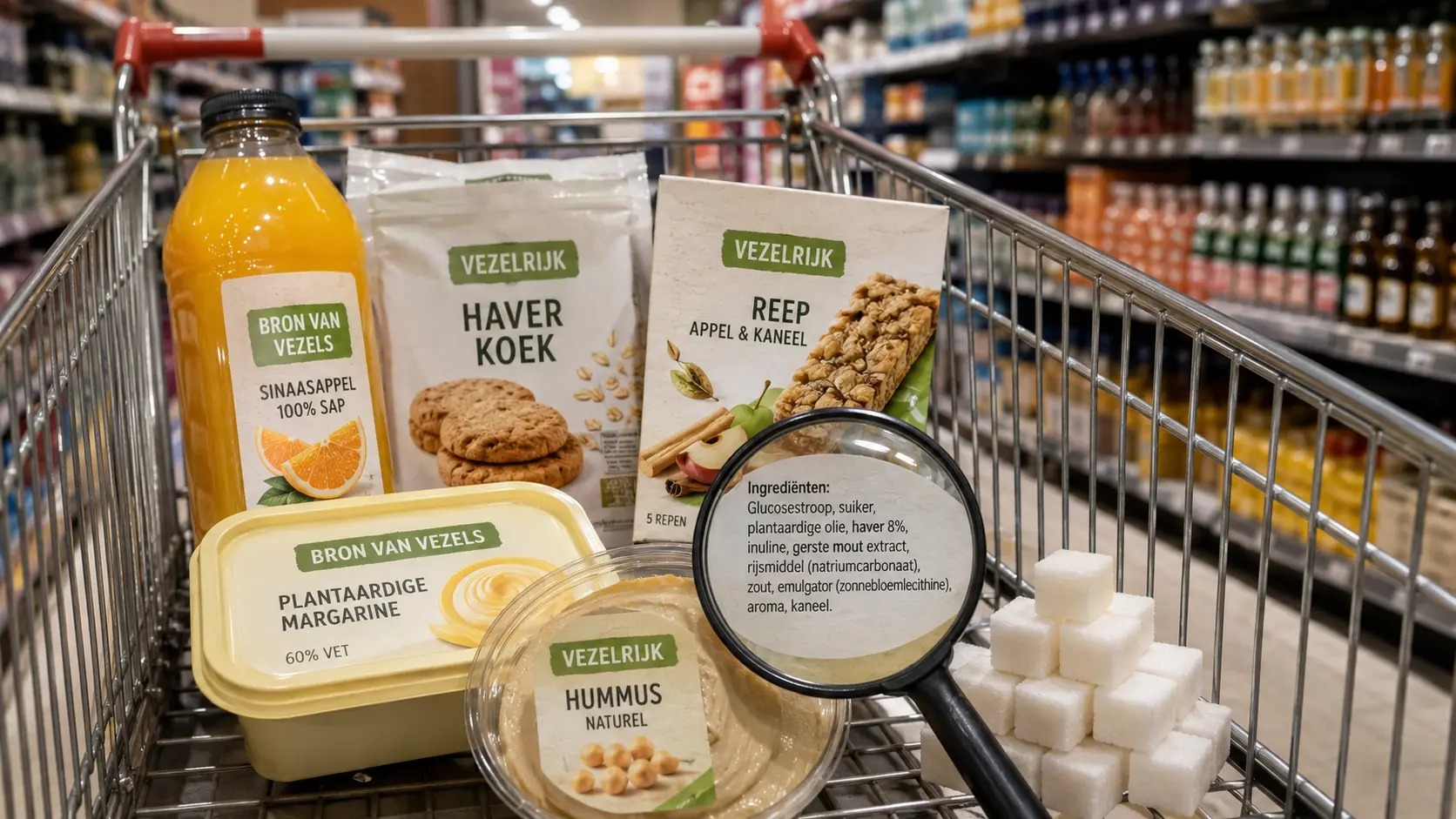Supermarktproducten met vezelclaims liggen naast een stapel suikerklontjes