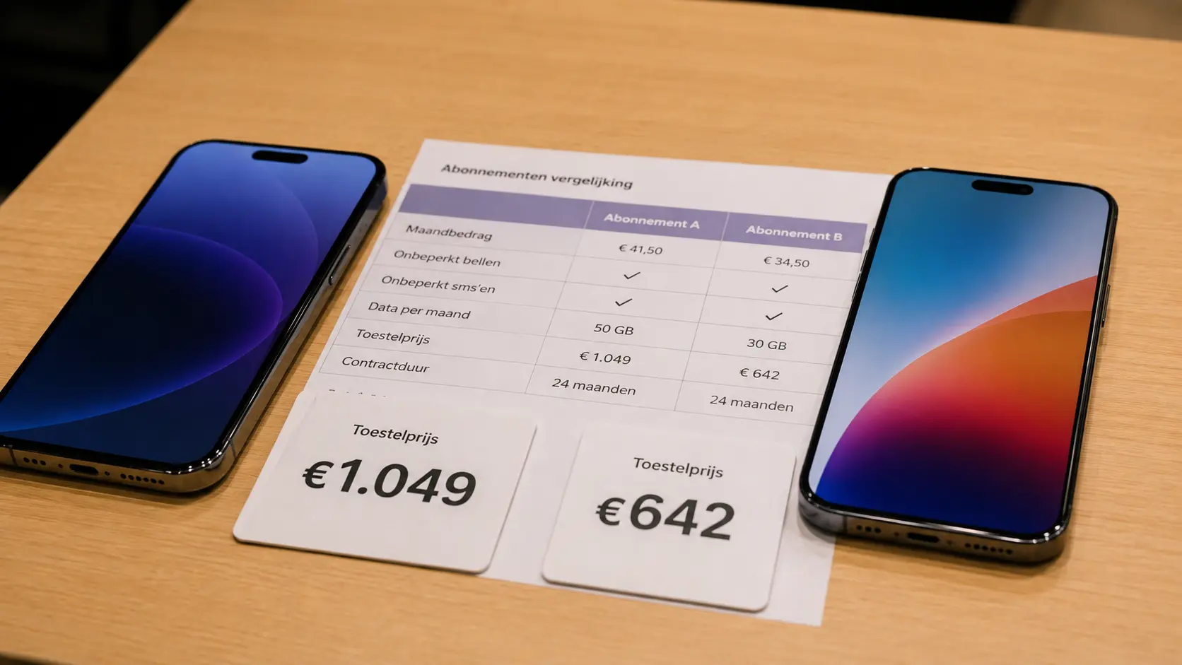 Twee smartphones worden vergeleken op prijs bij een tweejarig telefoonabonnement
