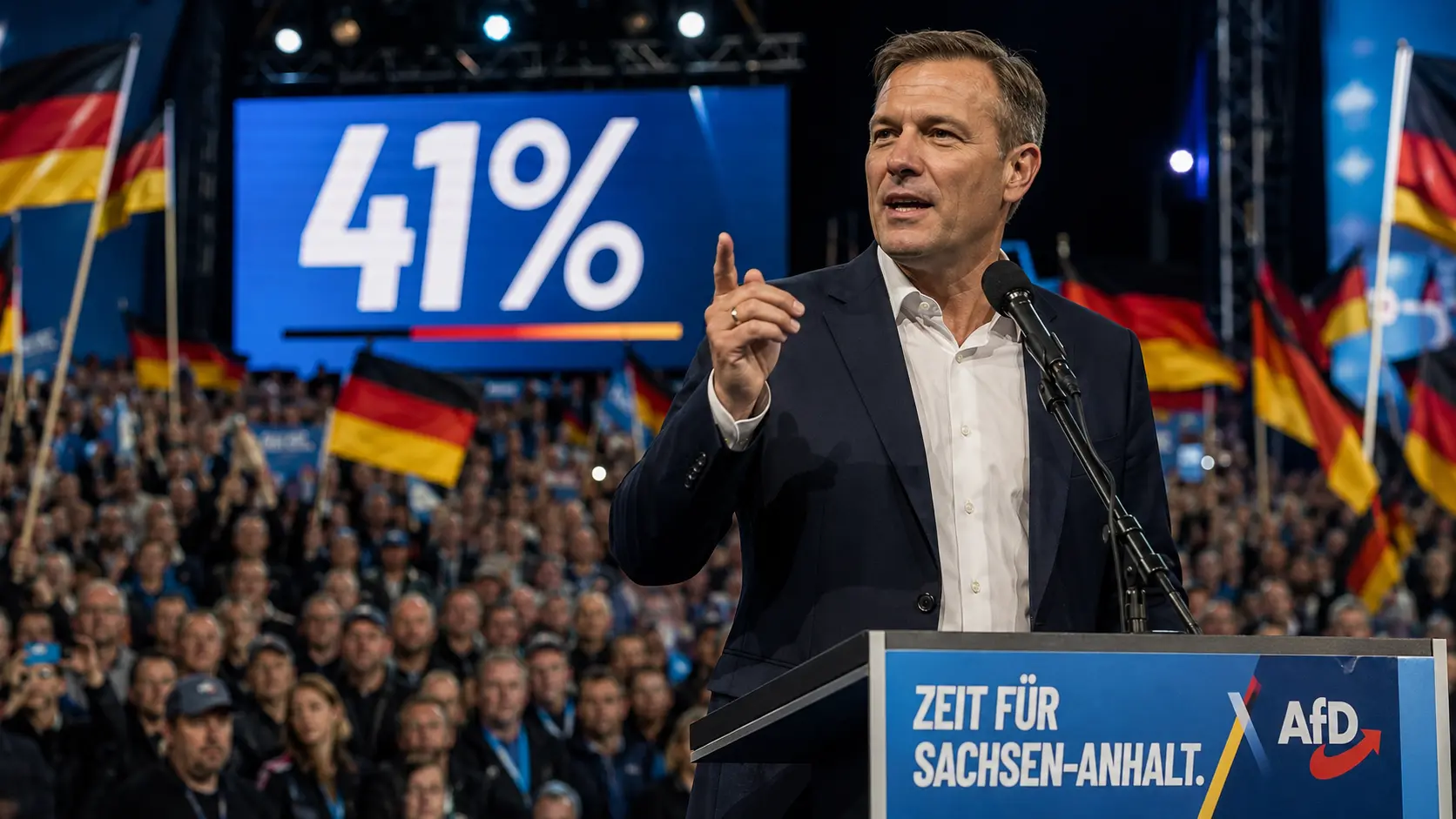 Ulrich Siegmund spreekt een uitzinnige menigte toe tijdens een AfD-bijeenkomst in Saksen-Anhalt