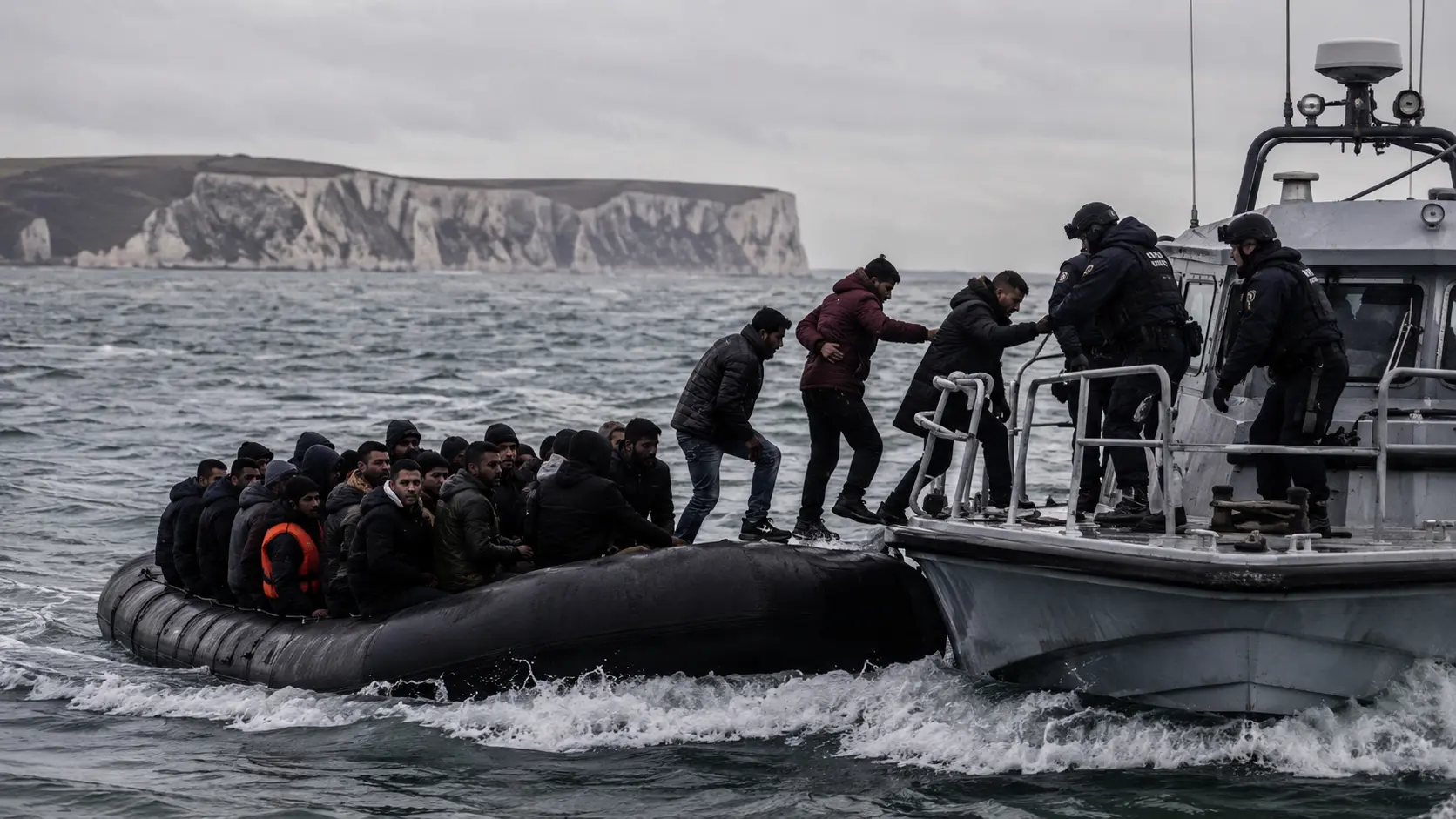 Vier mannen stappen van een migrantenboot over op een Frans patrouillevaartuig op het Kanaal