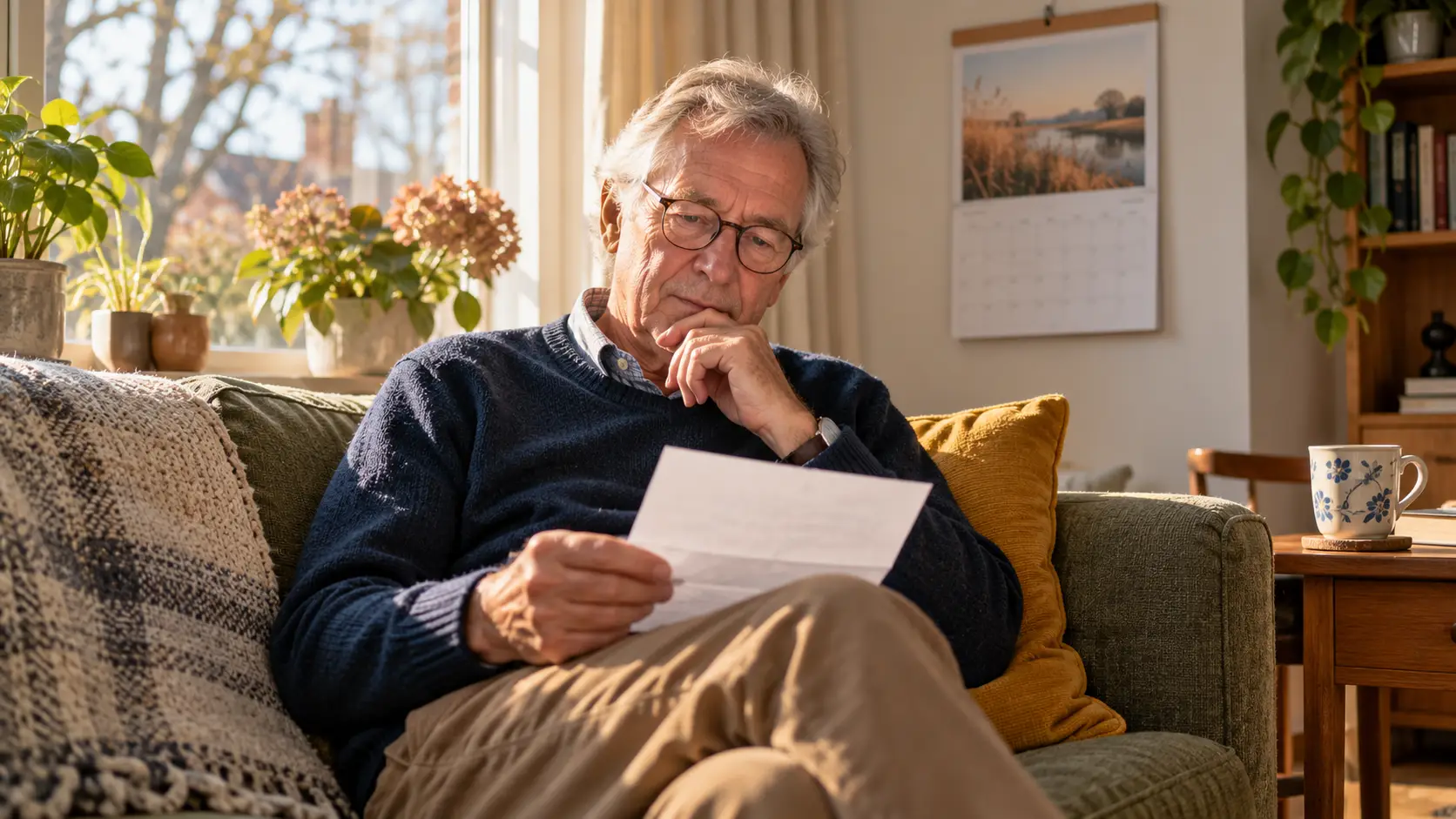 Gepensioneerde man op de bank leest een brief bij het raam