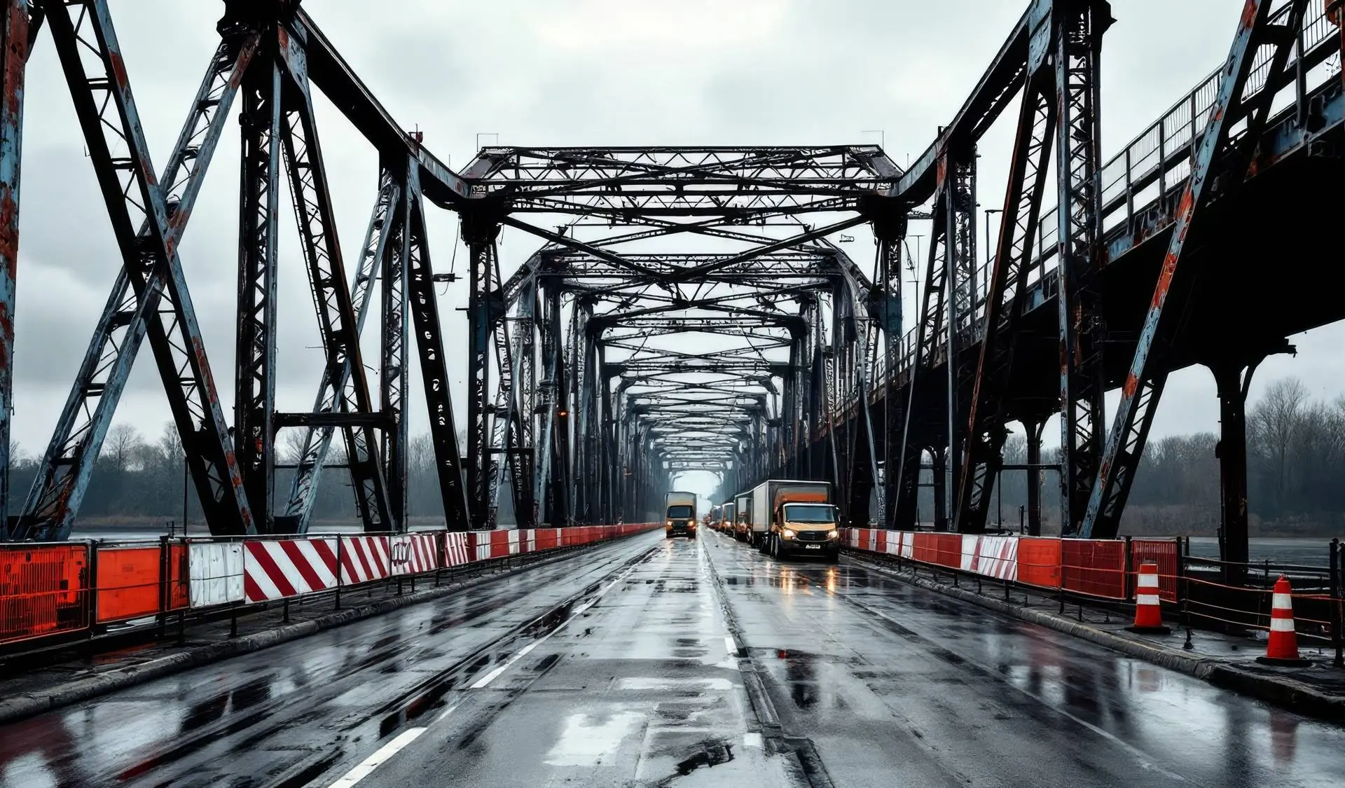Roestige stalen brug met afzethekken en vrachtwagens, bij het Rekenkamerrapport over achterstallig onderhoud.