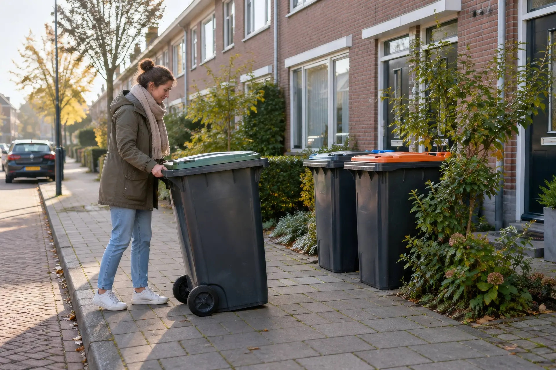 Afvalcontainers aan de straat bij Nederlandse woningen.