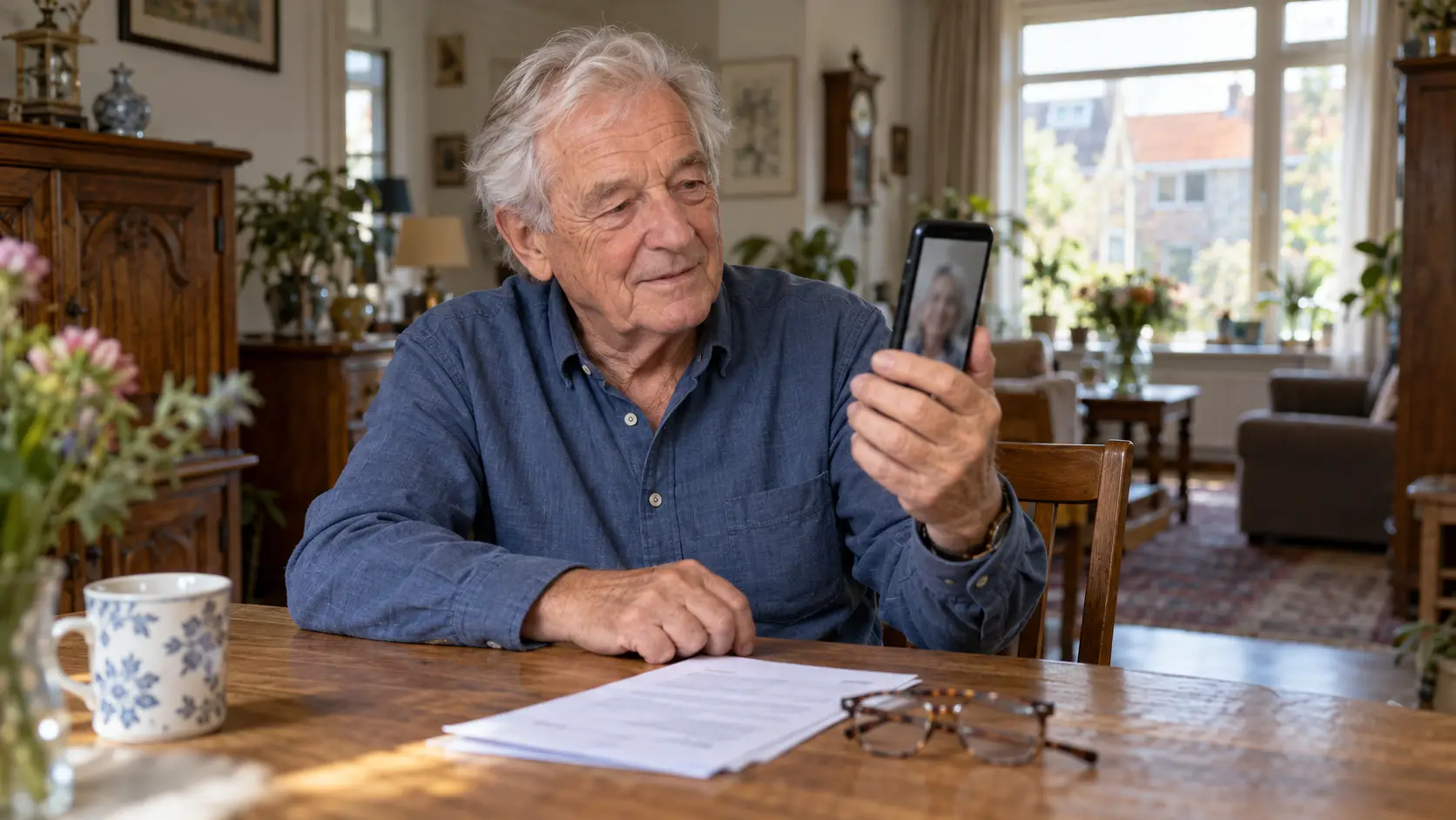 Oudere man aan tafel met een brief en zijn telefoon, in gesprek via een videogesprek
