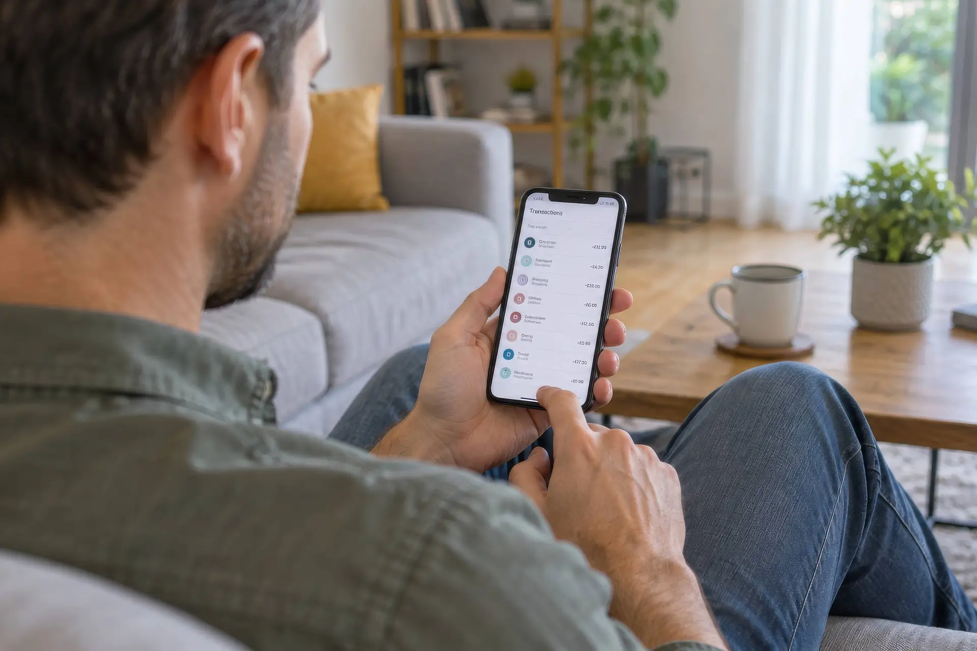 Iemand bekijkt periodieke afschrijvingen in een bankapp op een telefoon.