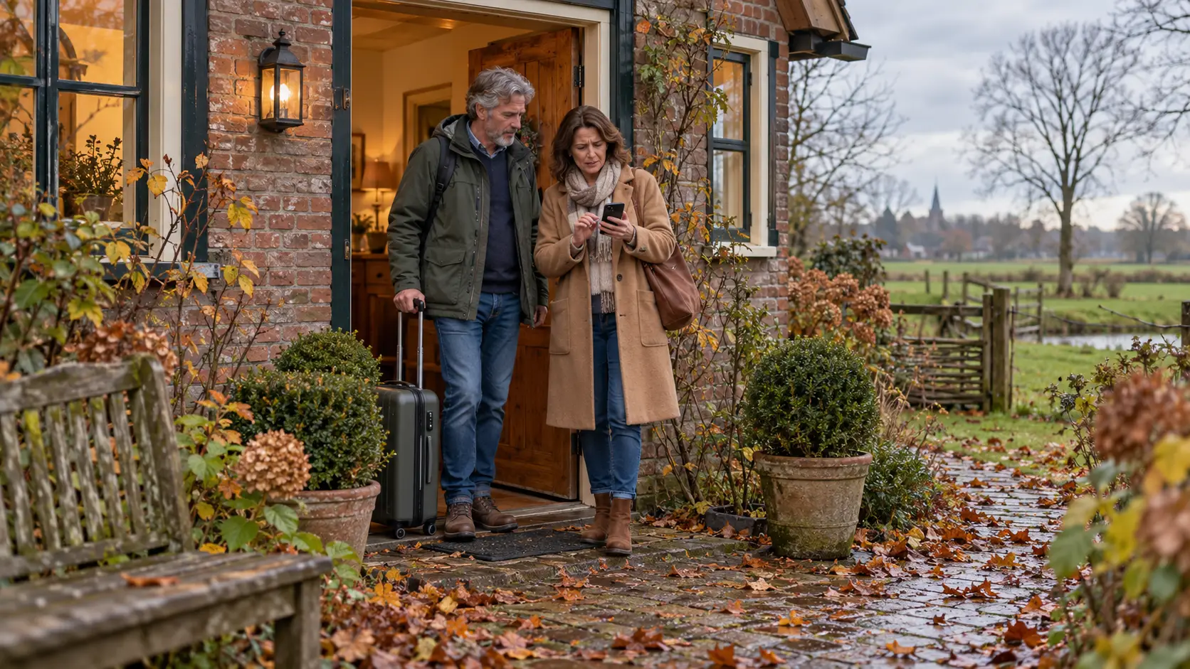 Stel met koffer bij de deur van een vakantiehuisje, de vrouw kijkt verbaasd op haar telefoon
