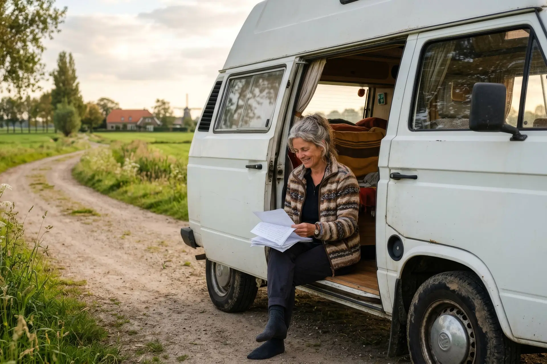 Vrouw zit in de deuropening van een camper op een landweggetje en leest papieren