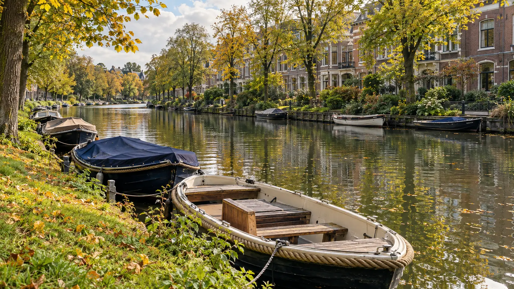 Sloepen en bootjes afgemeerd aan een singel met herfstbomen en herenhuizen