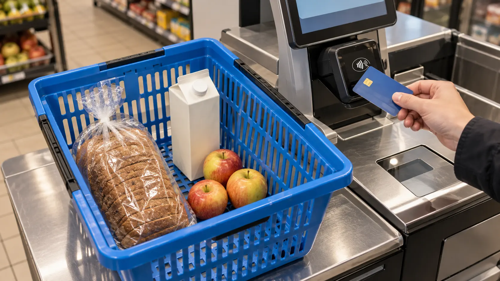 Illustratie van dagelijkse boodschappen afrekenen tijdens het wachten op een eerste uitkering.