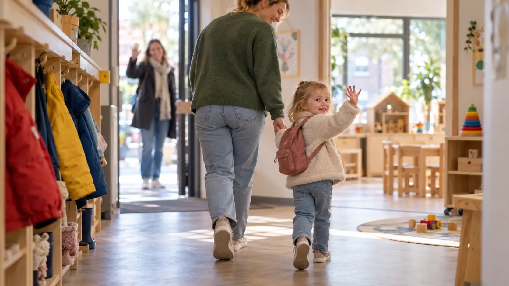 Illustratie van een kind dat naar de opvang gaat, ook nadat een ouder zijn baan heeft verloren.