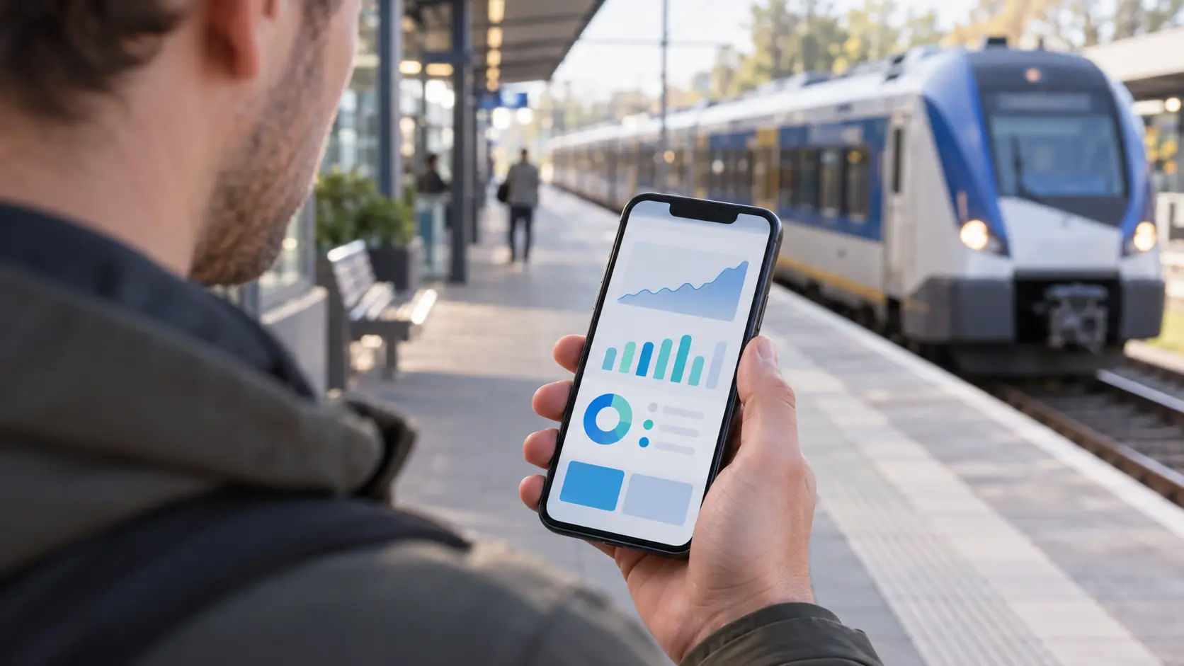 Illustratie van iemand die op een station een financiële app bekijkt, bij uitleg over de Overnight-rekening van Scalable.