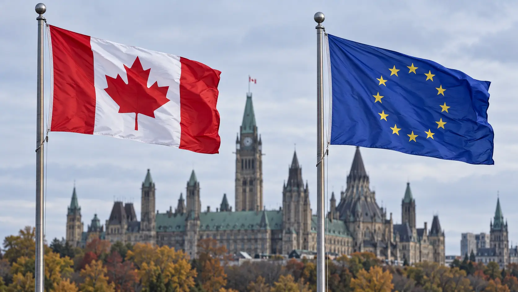 Illustratie van Canadese en Europese vlaggen bij de aangekondigde opening van een parlementair kantoor in Ottawa.