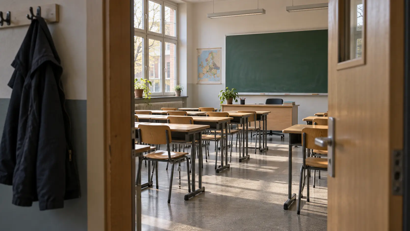 Illustratie van een leeg klaslokaal bij het debat over religieuze symbolen en neutraliteit op school.