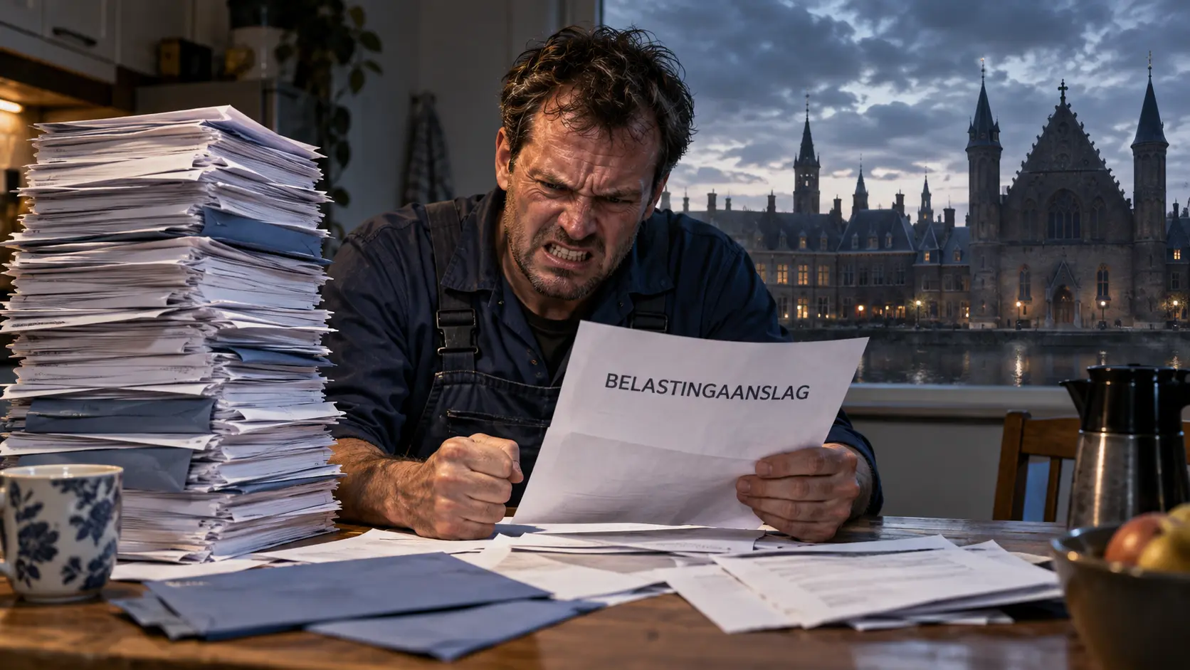 Woedende werknemer met belastingaanslagen tegen de achtergrond van het Binnenhof.