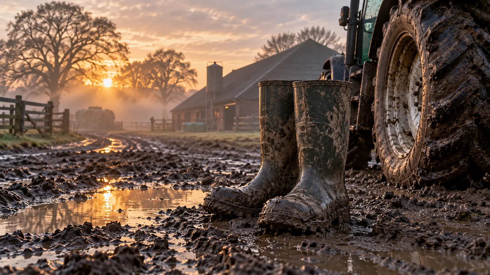 Boerenlaarzen op een Overijssels erf bij zonsopgang symboliseren de strijd van boeren om hun vergunning.