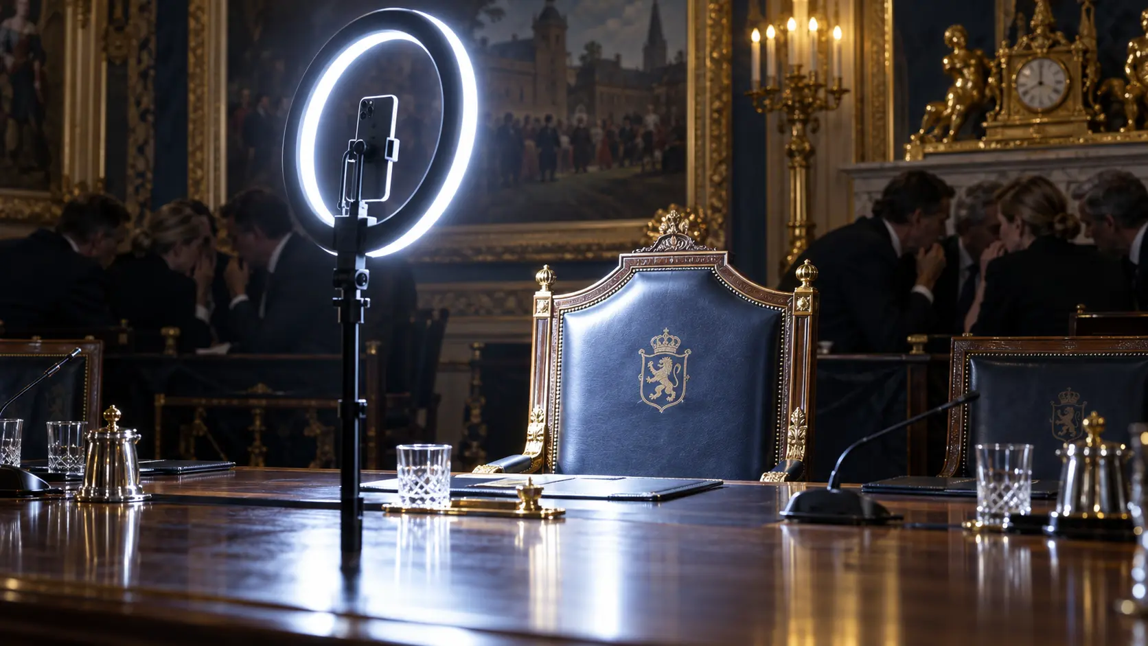 Een ringlamp die een lege regeringsstoel verlicht symboliseert het gebrek aan inhoudelijk leiderschap van premier Rob Jetten.