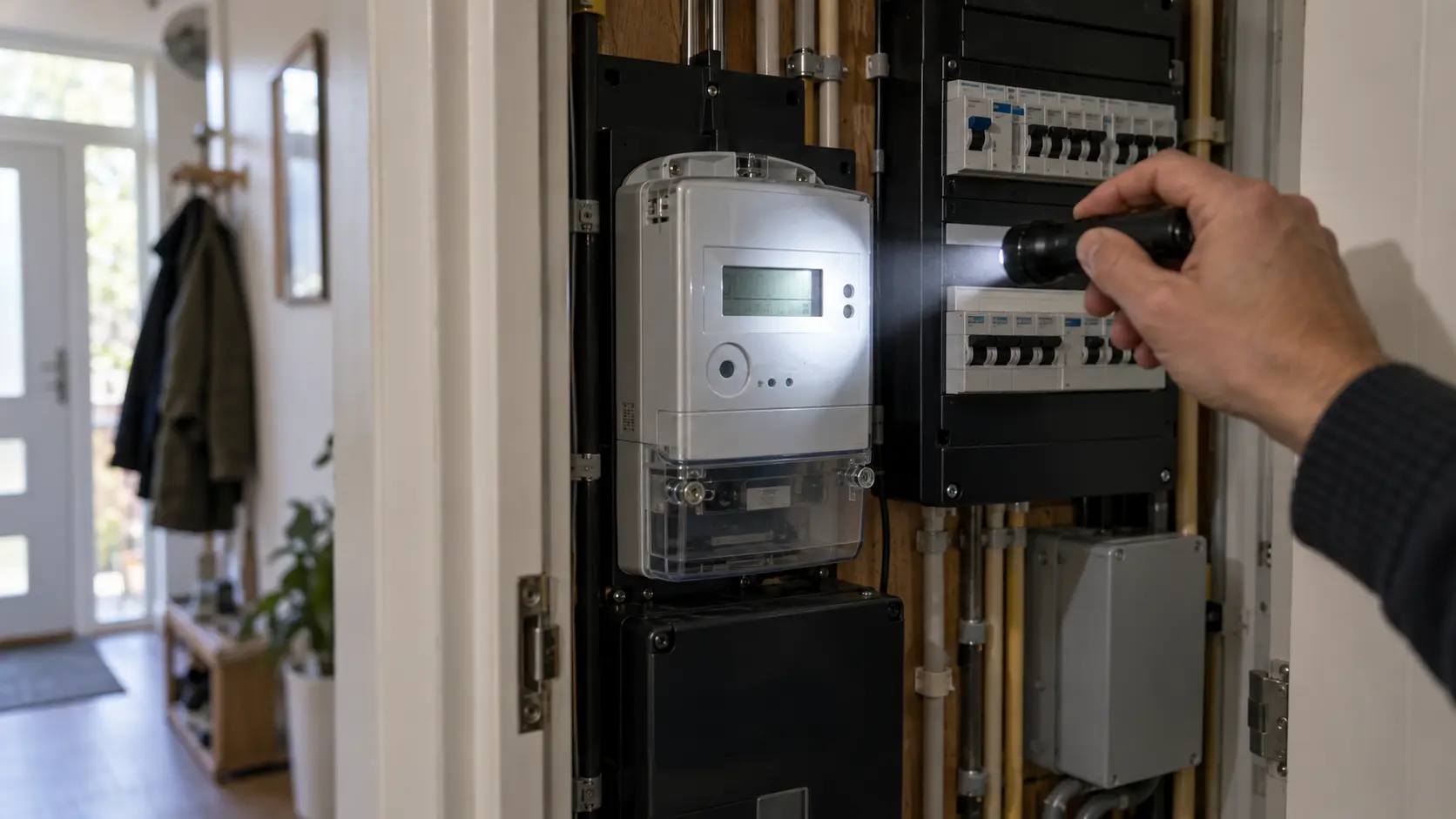 Illustratie van iemand die de elektriciteitsmeter in een meterkast controleert.
