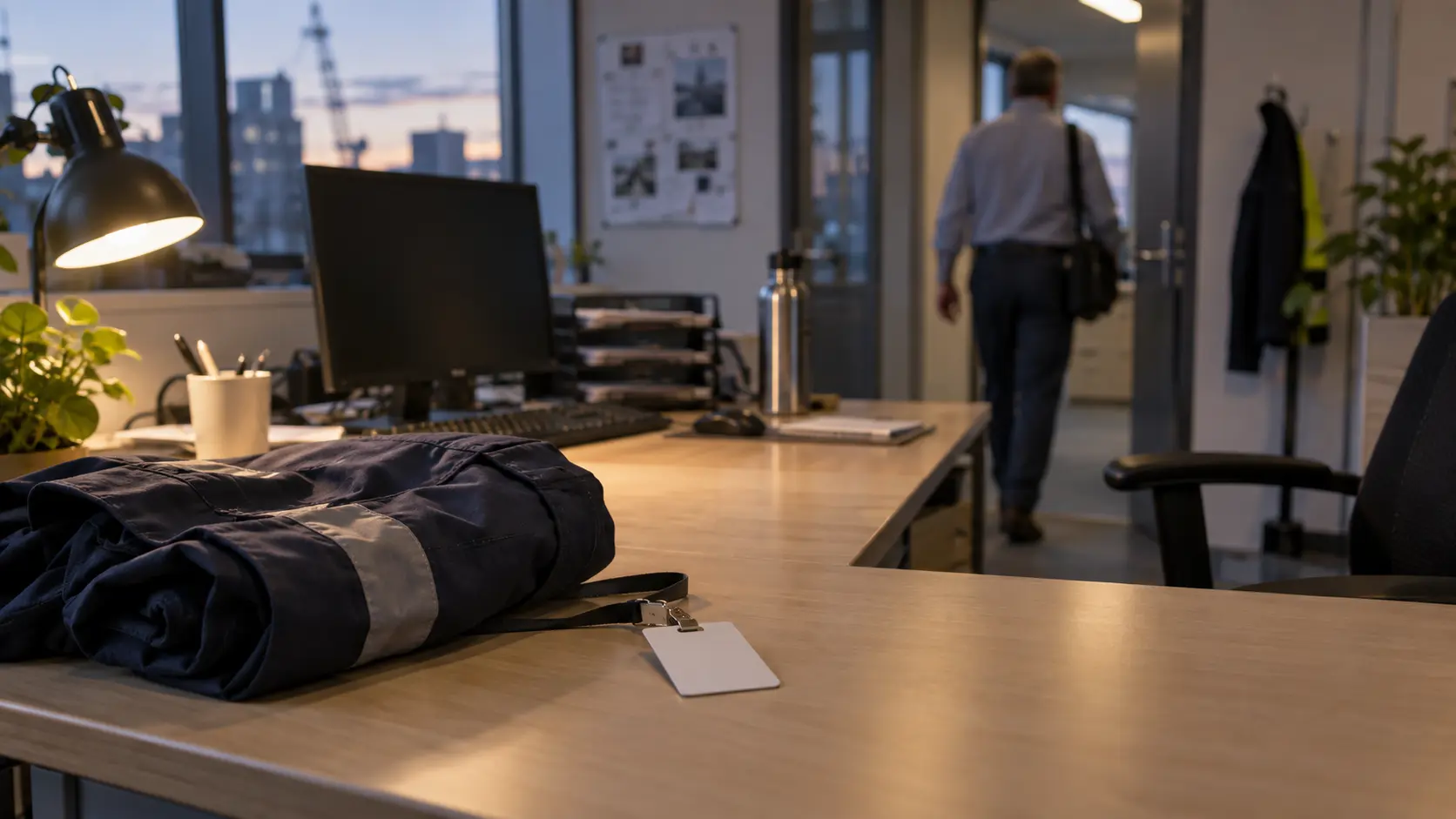 Werkplek met een jas en toegangspas aan het einde van de werkdag.