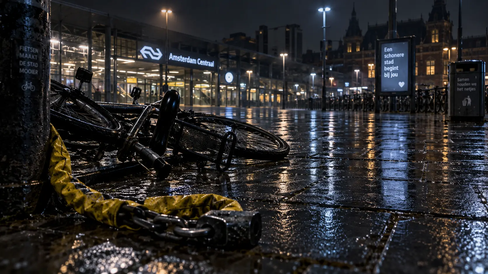 Zwaar kettingslot op de grond bij een treinstation na een gewelddadige mishandeling.