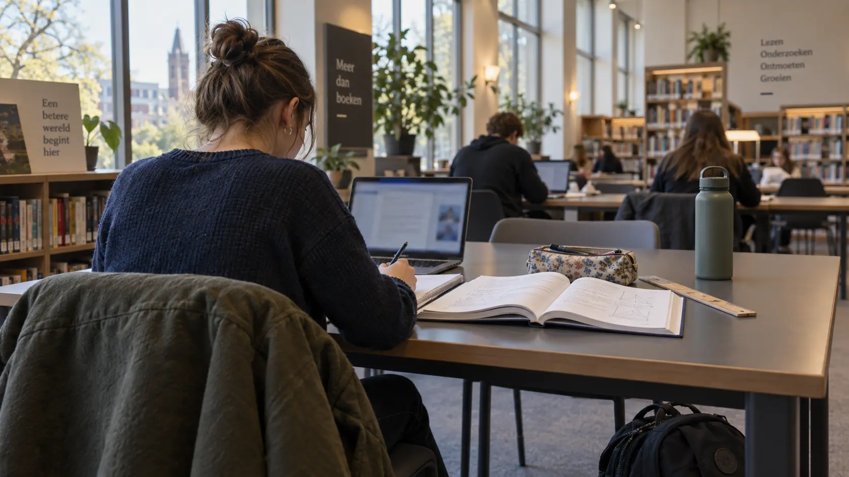 Illustratie van een meerderjarige scholier die in een schoolmediatheek werkt.