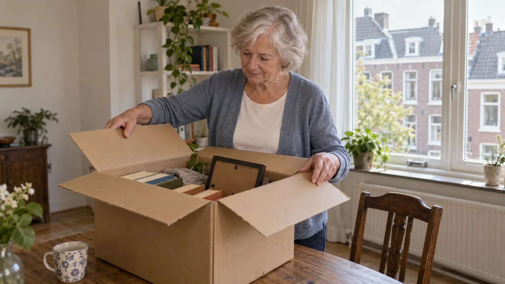 Oudere vrouw pakt een verhuisdoos uit in haar eigen woning.