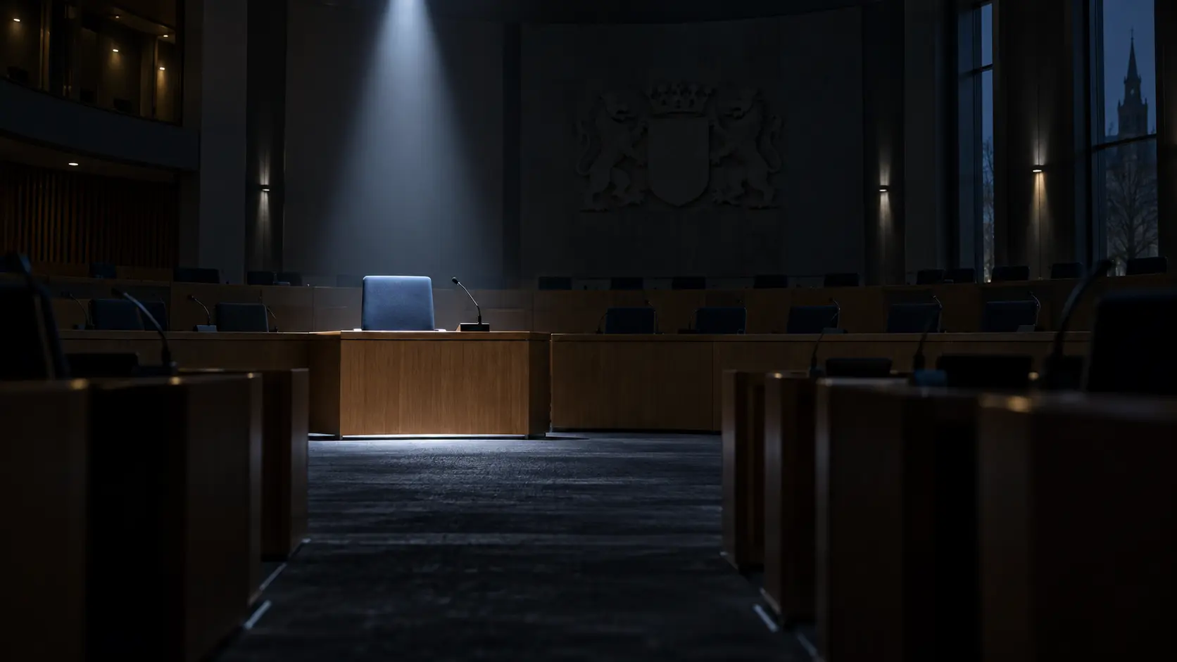 Eenzame raadszetel in de Nijmeegse raadszaal die symbool staat voor de uitsluiting van Forum voor Democratie (FVD).