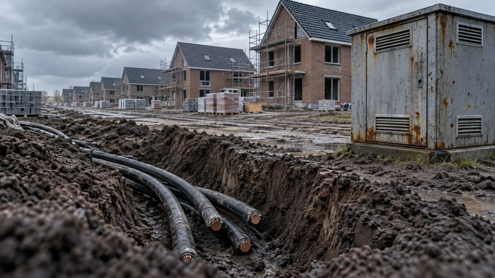 Nieuwbouwhuizen zonder stroomaansluiting door het overbelaste Nederlandse elektriciteitsnetwerk.