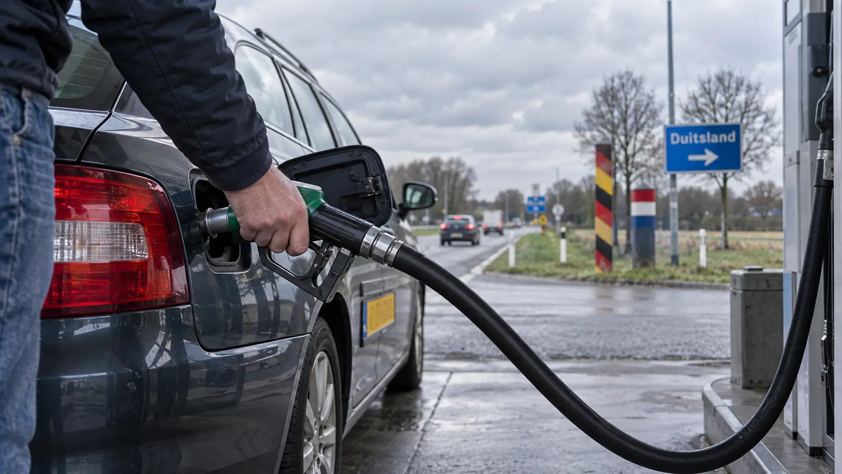 Nederlandse automobilist die tankt bij een grensweg naar Duitsland.