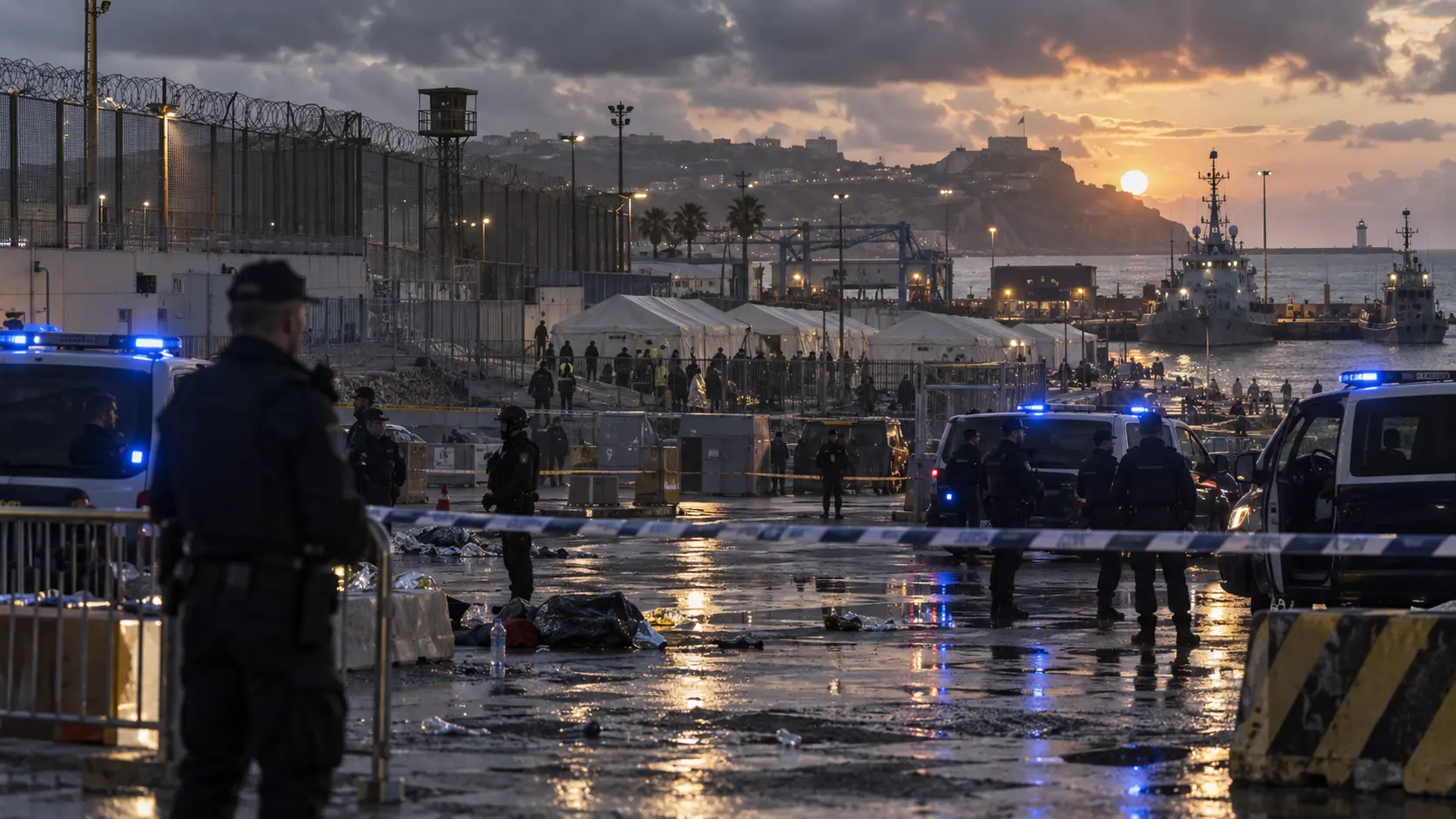 Grensgebied en noodopvang in Ceuta met politievoertuigen na confrontaties met migranten.
