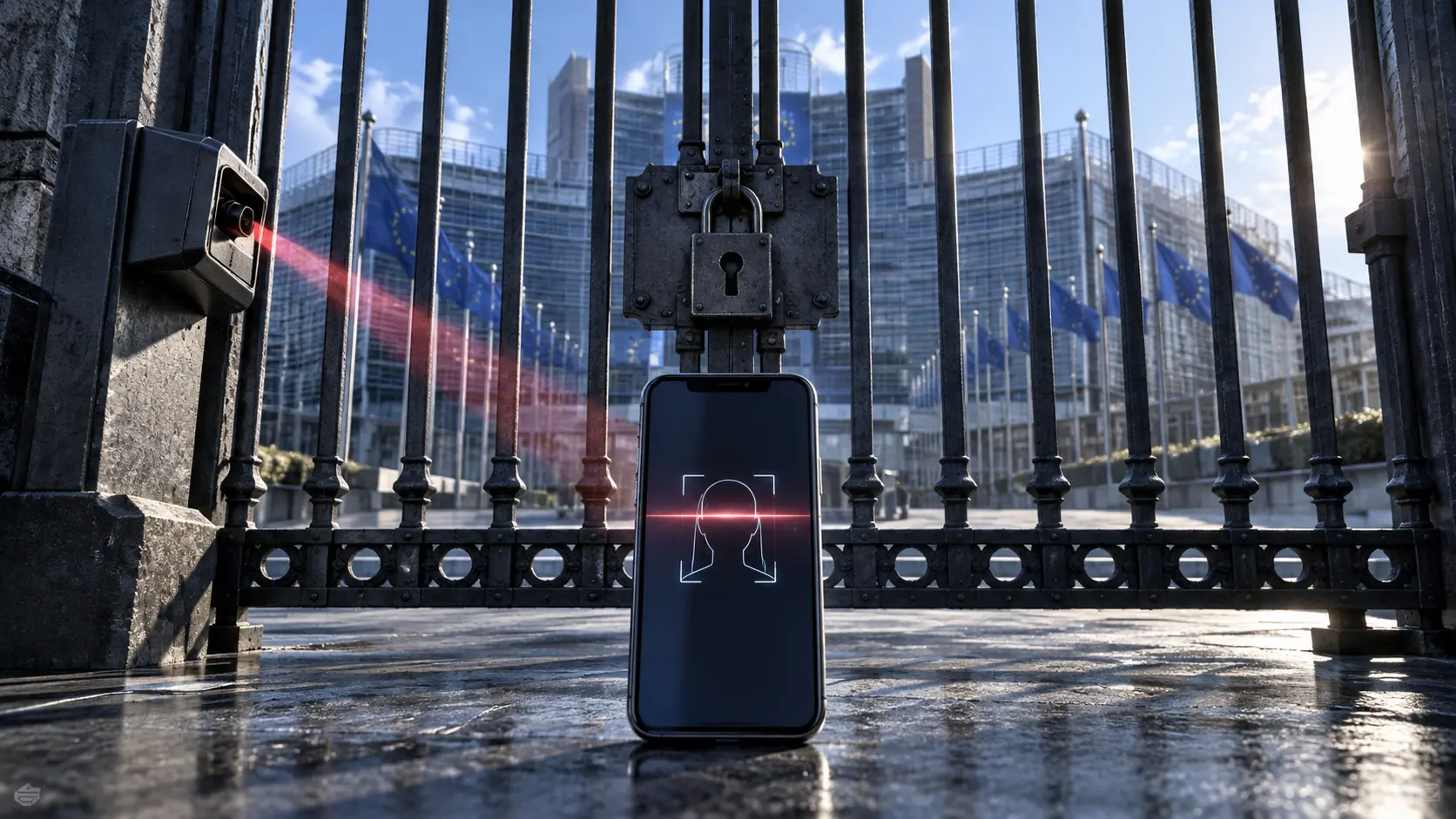 Smartphone voor een gesloten poort als symbool voor Europese leeftijdscontrole op internet.
