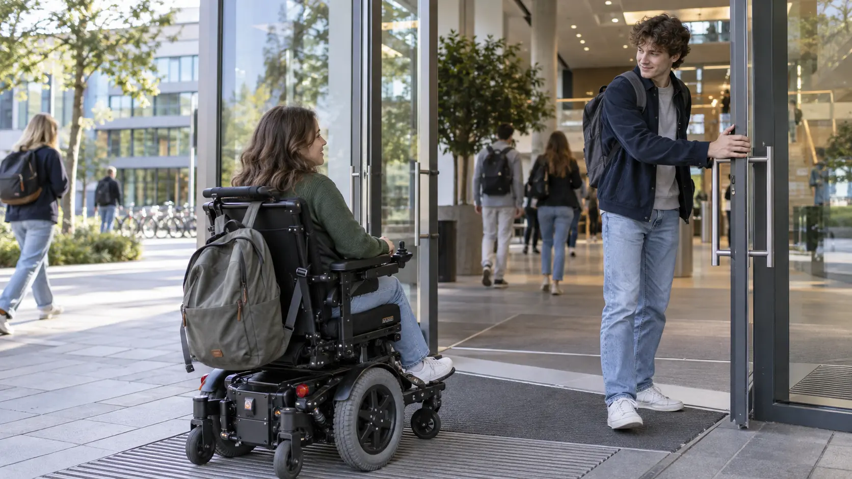 Een student in een elektrische rolstoel bij een onderwijsgebouw.