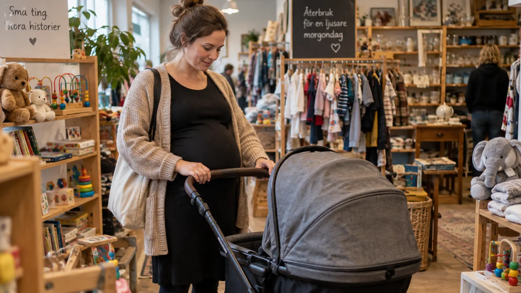 Een zwangere vrouw die een kinderwagen bekijkt in een winkel.