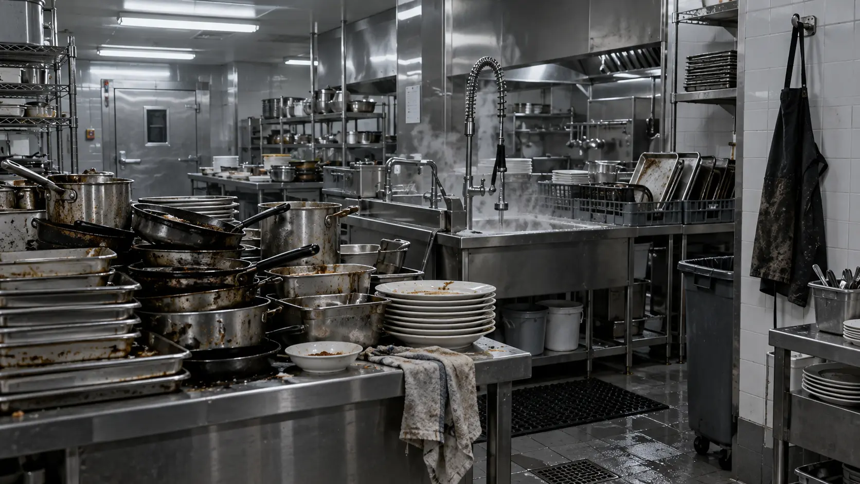 Professionele spoelkeuken na sluitingstijd bij het nieuws over arbeidsuitbuiting in de horeca.