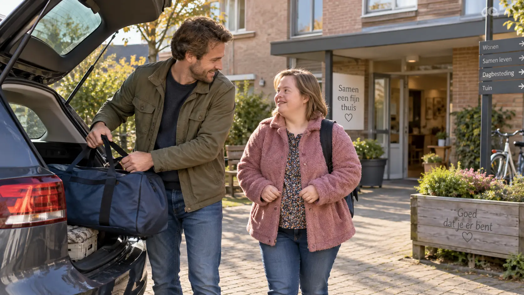 en broer en zus die met een weekendtas bij een auto staan.